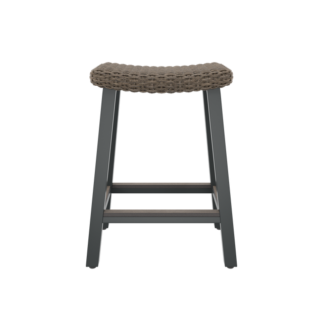 Front of brown bar stool with contoured seat and footrest