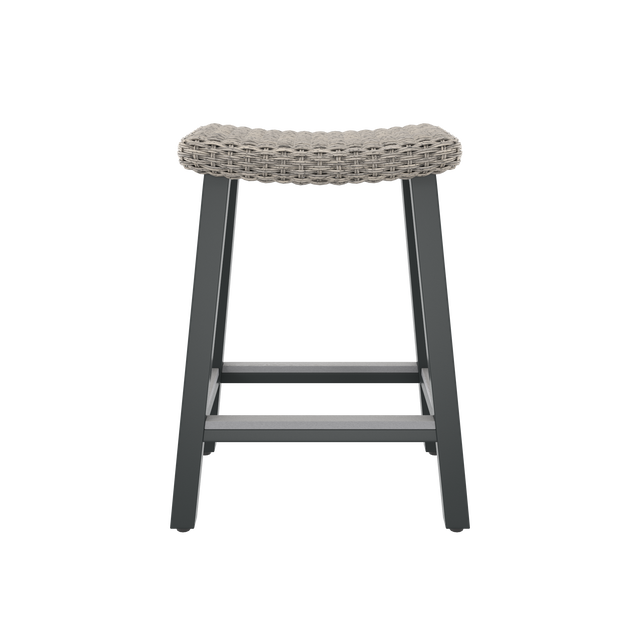 Front of gray bar stool with contoured seat and footrest