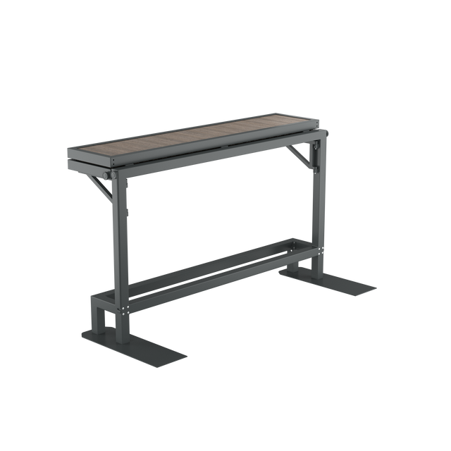 Angled brown folded hot tub bar with powder-coated aluminum footrest and finishes