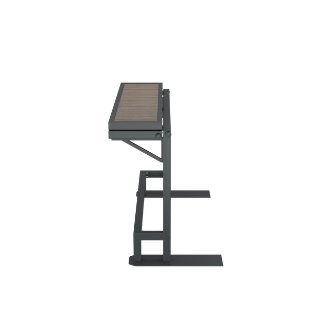 Side of brown folded hot tub bar with powder-coated aluminum footrest and finishes