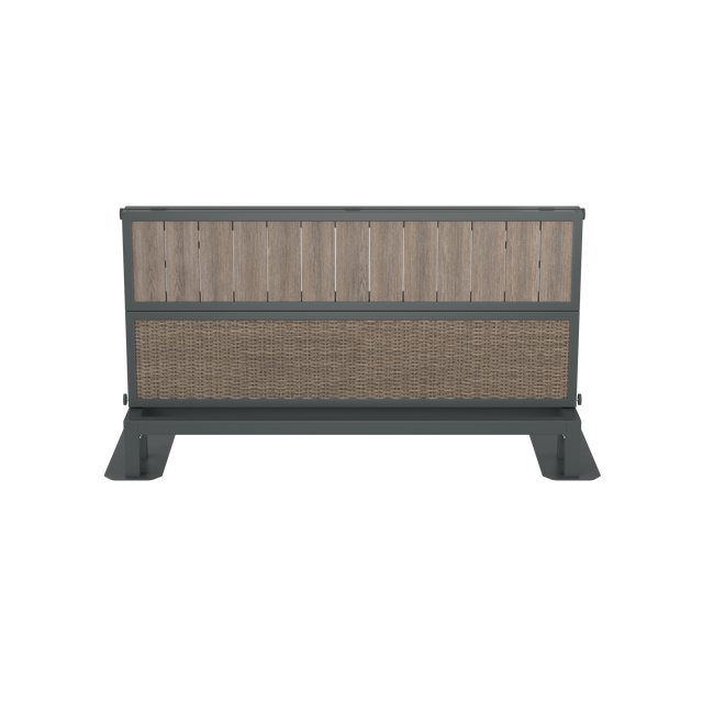Front of partially folded brown hot tub bar with wood and wicker effects and powder-coated aluminum finishes