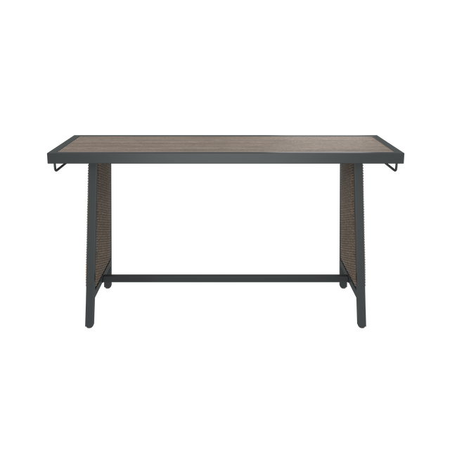 Front of brown dining table with wood effect top, wicker side, towel rack, and footrest