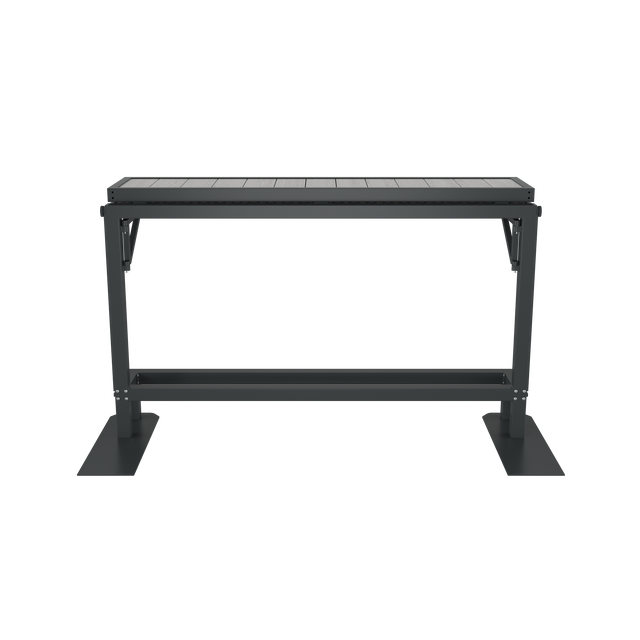Front of gray folded hot tub bar with powder-coated aluminum footrest and finishes