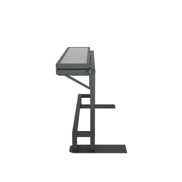 Side of gray folded hot tub bar with powder-coated aluminum footrest and finishes