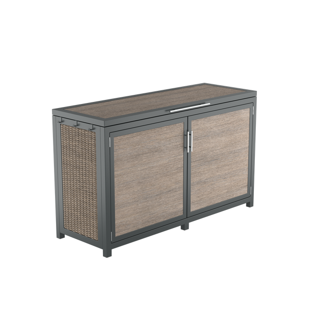 Angled brown deck box with towel hooks and top and front openings