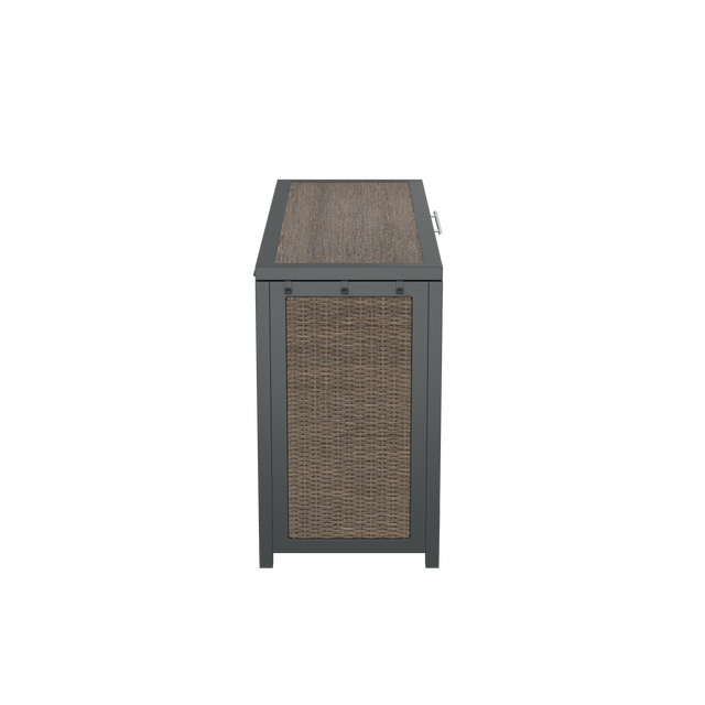 Side of brown deck box with towel hooks and top opening