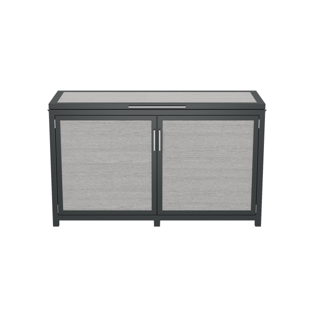 Front of gray deck box with towel hooks and top and front openings