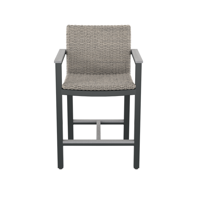 Front of gray high-backed bar chair with armrests and footrest