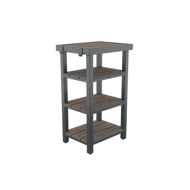 Angled brown 4-tier towel valet with shelving and towel hooks