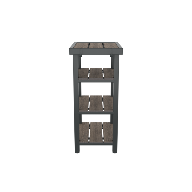 Side of brown 4-tier towel valet with angled shelving