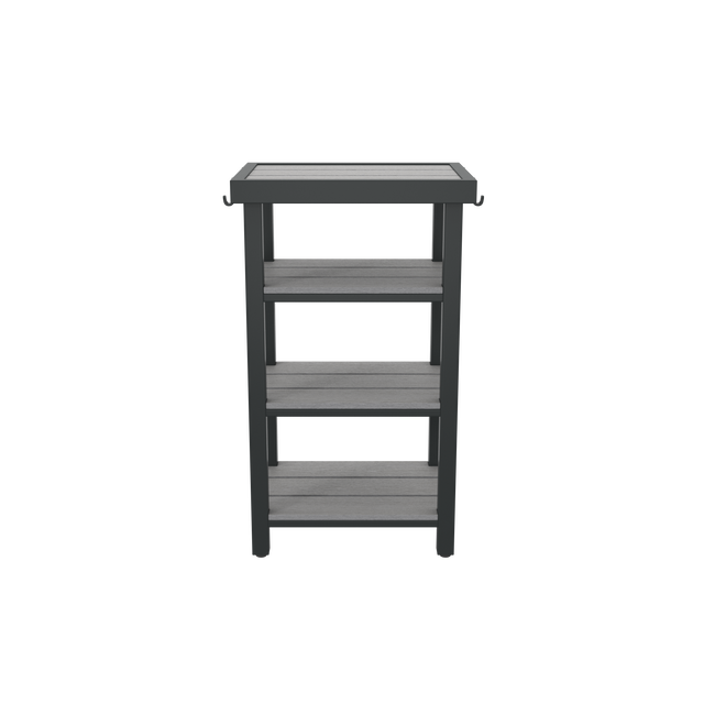 Front of gray 4-tier towel valet with angled shelving and towel hooks