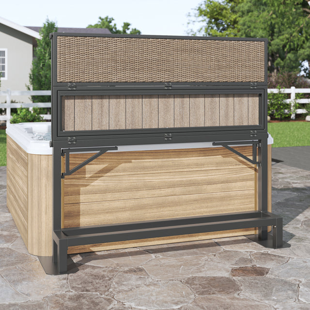 Brown raised privacy screen blocking view of hot tub on patio