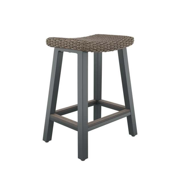 Brown bar stool with contoured seat powder-coated aluminum bottom and footrest