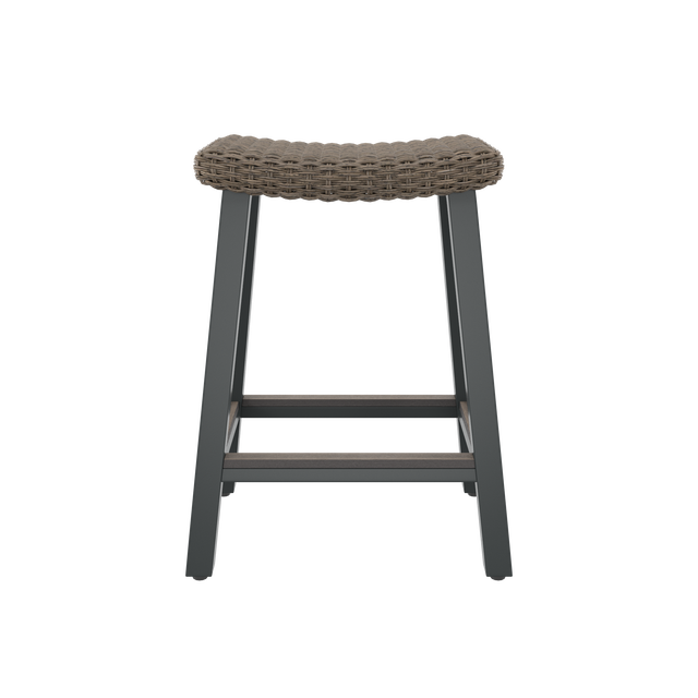 Front of brown bar stool with contoured seat and footrest