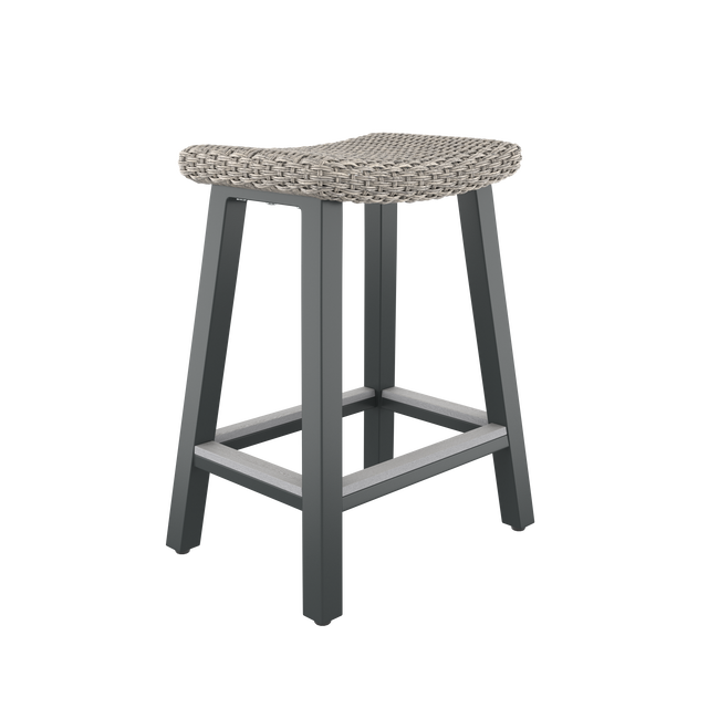 Gray bar stool with contoured seat powder-coated aluminum bottom and footrest