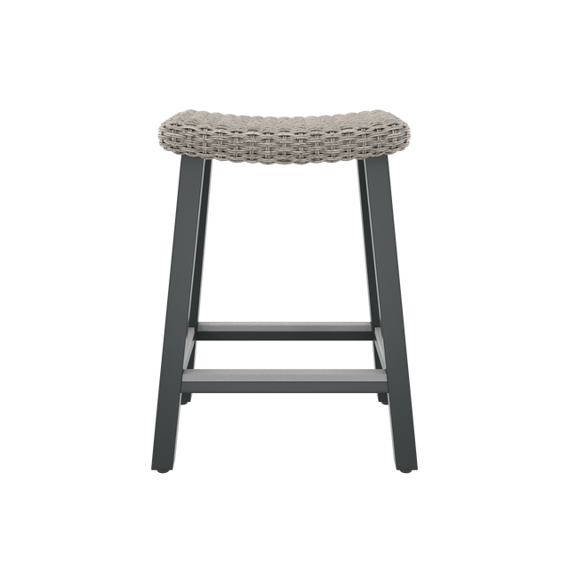 Front of gray bar stool with contoured seat and footrest
