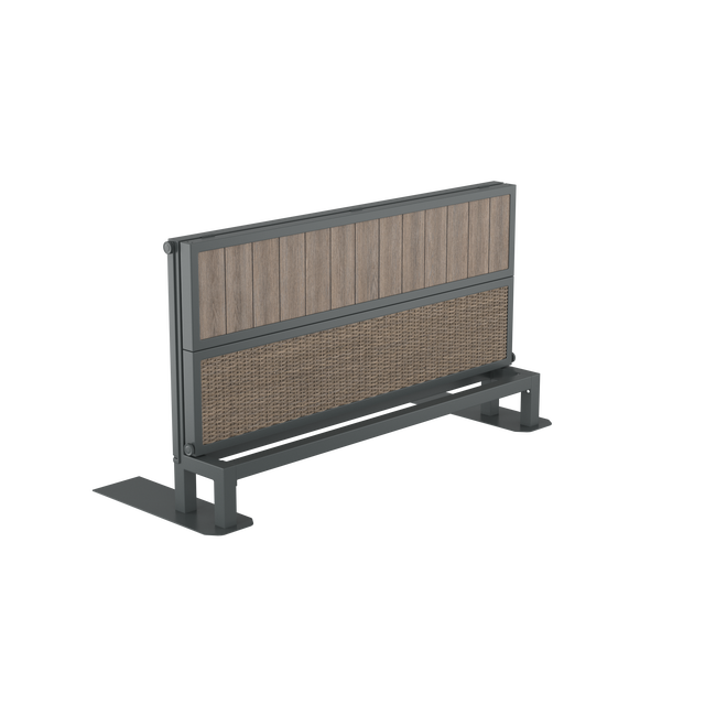 Angled partially folded brown hot tub bar with wood and wicker effects and powder-coated aluminum finishes
