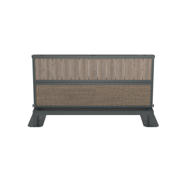 Front of partially folded brown hot tub bar with wood and wicker effects and powder-coated aluminum finishes