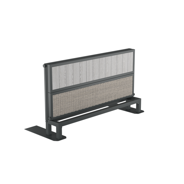 Angled partially folded gray hot tub bar with wood and wicker effects and powder-coated aluminum finishes