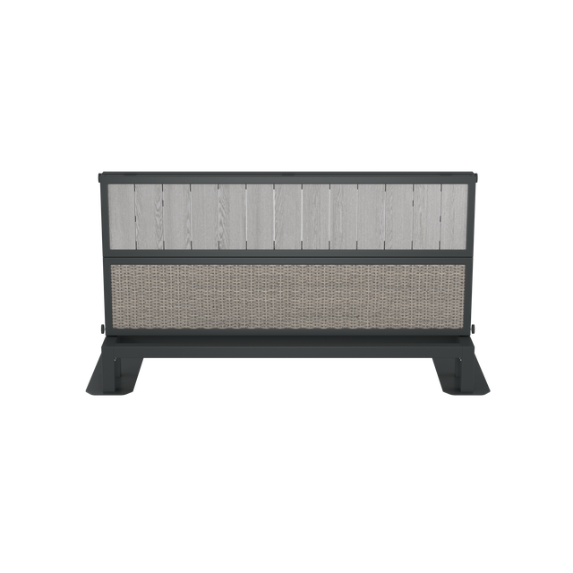 Front of partially folded gray hot tub bar with wood and wicker effects and powder-coated aluminum finishes
