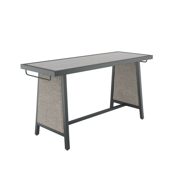 Angled gray dining table with wood effect top, wicker side, towel rack, and footrest