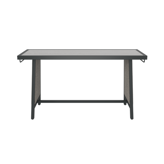 Front of gray dining table with wood effect top, wicker side, towel rack, and footrest