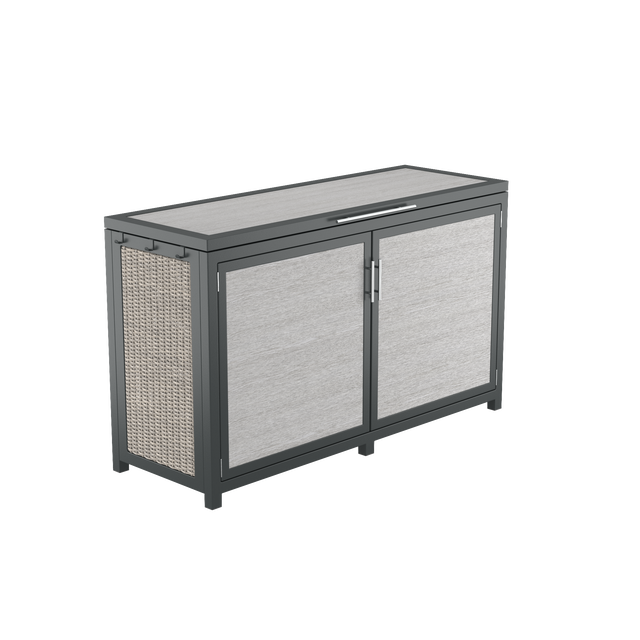 Angled gray deck box with towel hooks and top and front openings