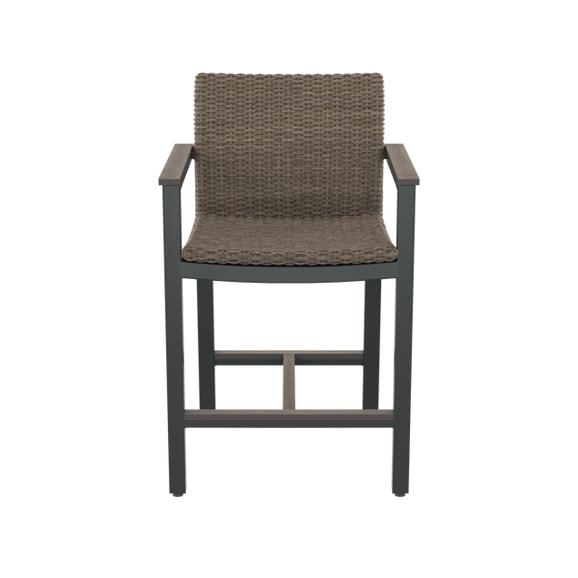 Front of brown high-backed bar chair with armrests and footrest 