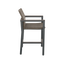 Side of brown high-backed bar chair with armrests and footrest 
