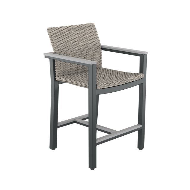Angled gray high-backed bar chair with armrests and footrest 