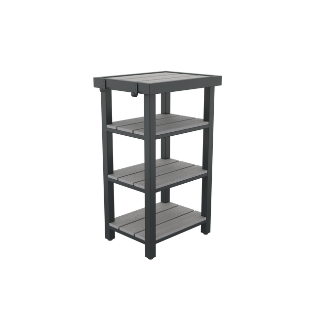 Angled gray 4-tier towel valet with shelving and towel hooks