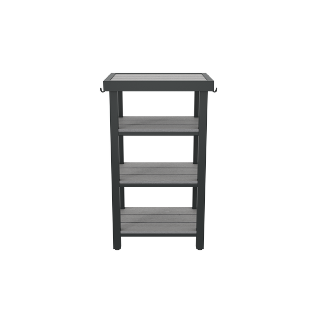 Front of gray 4-tier towel valet with angled shelving and towel hooks