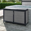 Gray wicker deck box beside hot tub on outdoor patio 